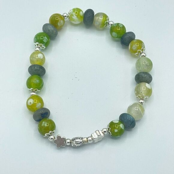 Ladybug labradorite green orca agate beaded stretch bracelet ONE NEW crystal - Picture 5 of 8